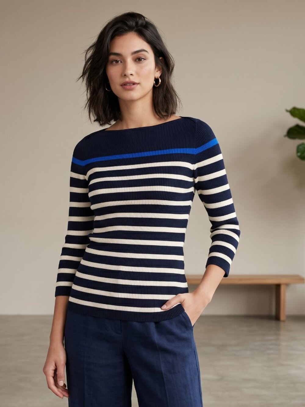 Chaps L Blue Striped Sweater 3/4 Sleeve Lightweight Nautical Quiet Luxury Preppy